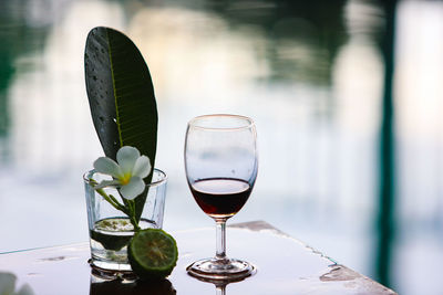 Close-up of wine glass on table