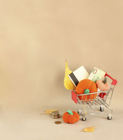 High angle view of stuffed toy against white background