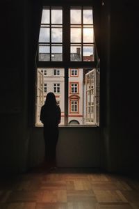 Rear view of silhouette woman looking through window