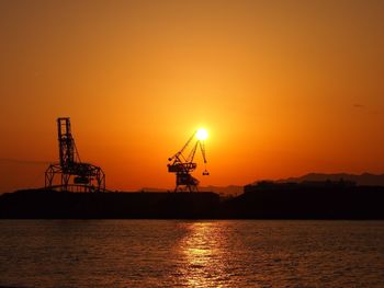 Silhouette of cranes at sunset