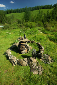 Stack of stones on field