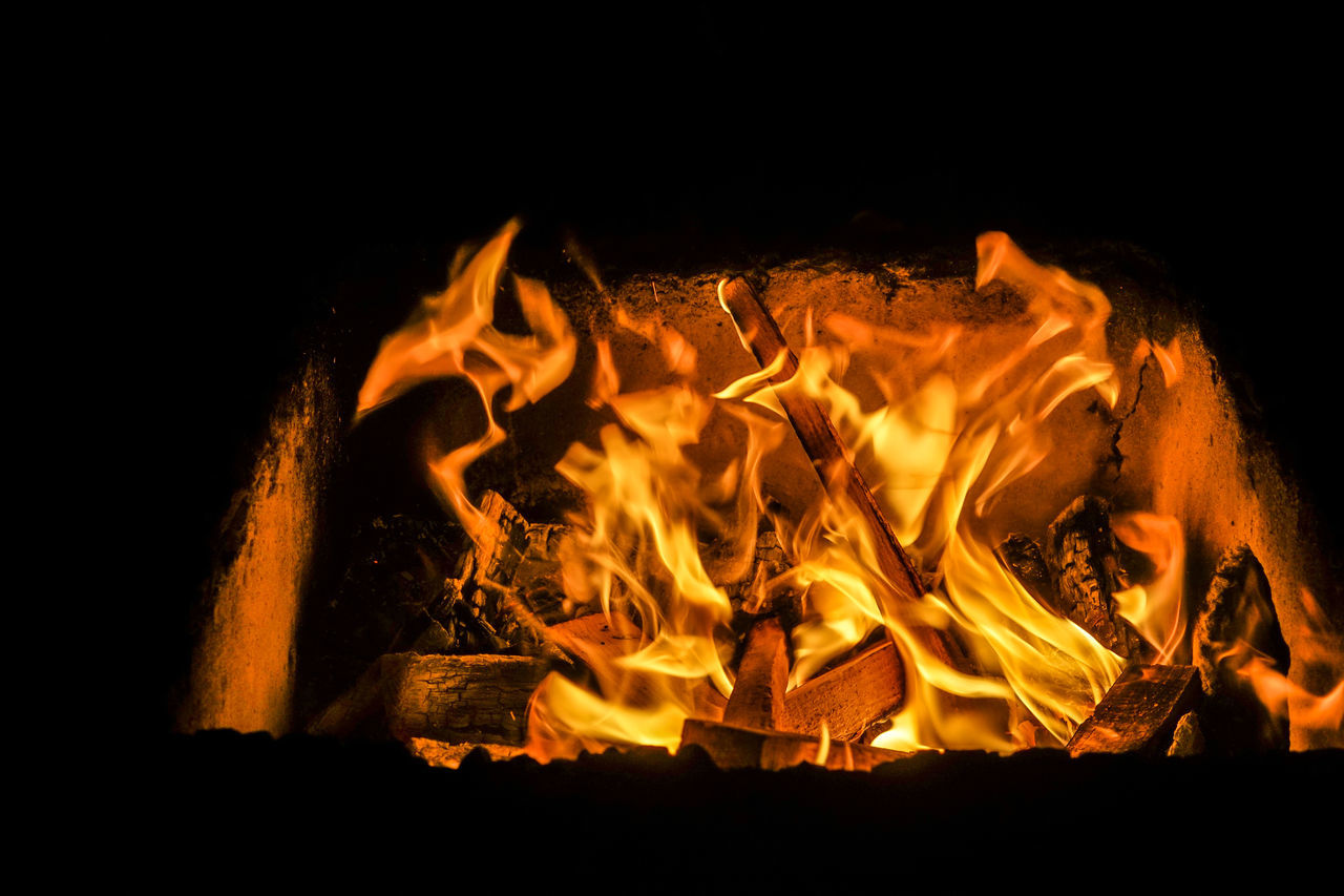 fire, burning, flame, heat, campfire, bonfire, nature, fireplace, night, wood, no people, log, orange color, firewood, yellow, glowing, motion, black background, darkness, black, camping