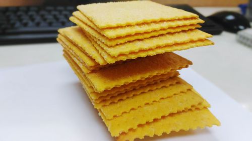 Close-up of stacked crackers