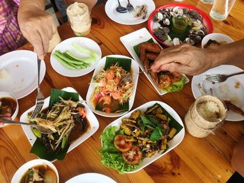 High angle view of food served on table