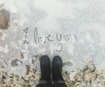 Low section of person standing on snow covered beach