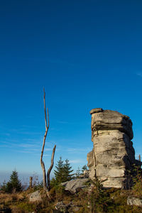 Low angle view of rocks against clear blue sky