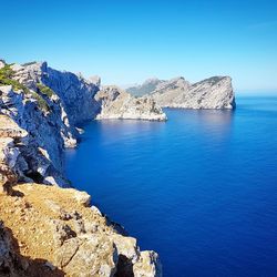 High angle view of sea against clear blue sky