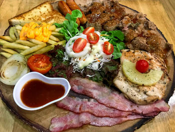 High angle view of breakfast served on table