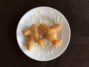 High angle view of breakfast served on table