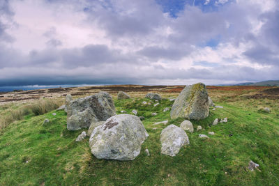 Rocks on field against sky