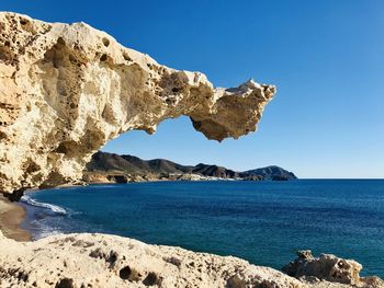 Scenic view of sea against clear blue sky