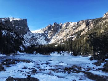 Scenic view of snowcapped mountains against clear blue sky