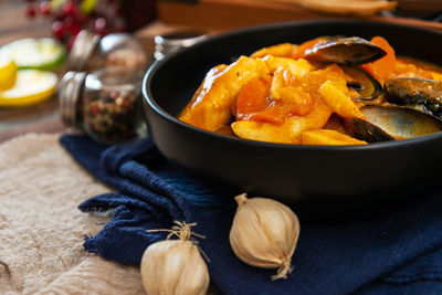 High angle view of pasta in bowl on table