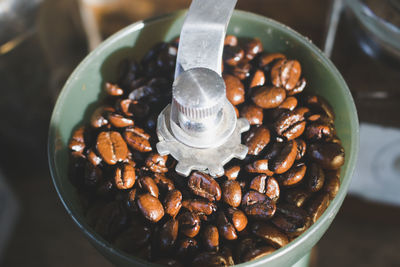 High angle view of coffee beans in container