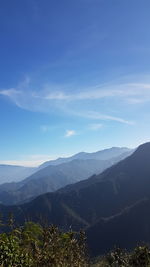 Scenic view of mountains against blue sky