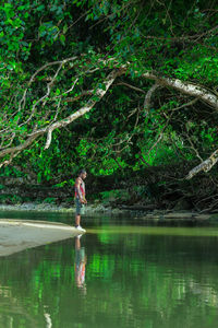 Woman standing by lake in forest