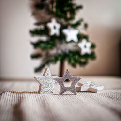 Close-up of christmas tree on table