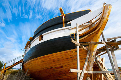 Low angle view of ship moored against sky