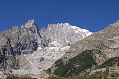 Scenic view of rocky mountains against clear blue sky