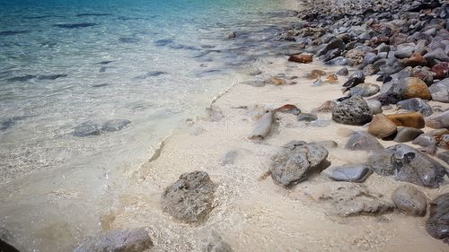 High angle view of pebbles on beach