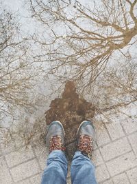 Low section of a man with reflection standing outdoors