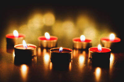 Close-up of lit candles in row