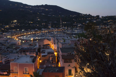 High angle view of illuminated city at night