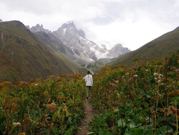 Rear view of woman walking through valley