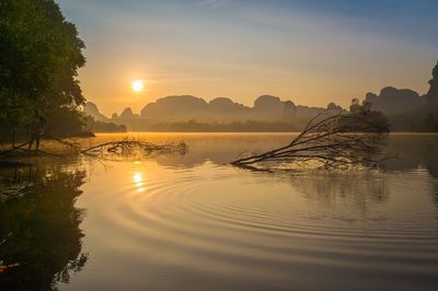 Scenic view of lake against sky during sunset