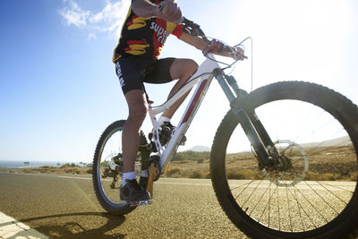 Spain, canary islands, fuerteventura, senior man on mountainbike