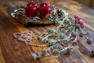 High angle view of christmas decorations on table