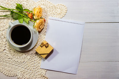 High angle view of coffee on table