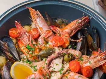 High angle view of seafood in container