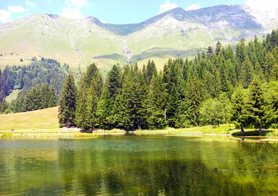 Scenic view of lake and mountains against sky