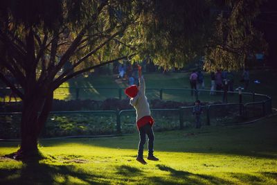 Boy jumping and touching branch at park