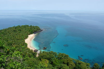 High angle view of bay against clear sky