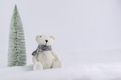 Toy on snow against white background