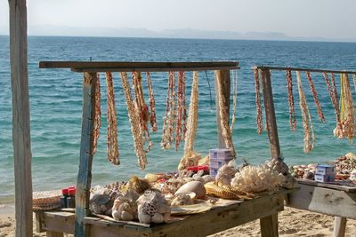 Rear view of women sitting at beach against sky