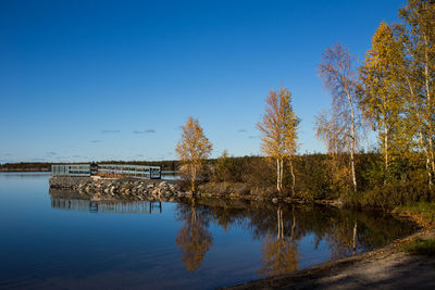 Scenic view of lake against clear blue sky
