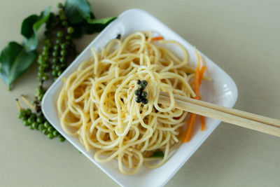 High angle view of noodles in bowl