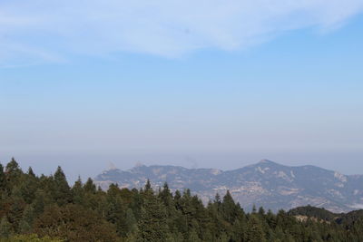 Scenic view of trees and mountains against sky