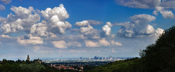 High angle view of city buildings against cloudy sky