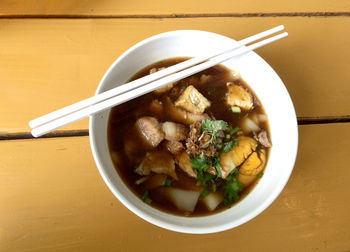 High angle view of soup in bowl on table