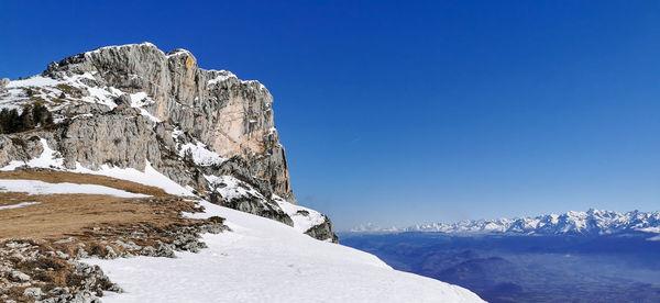 Scenic view of snowcapped mountains against clear blue sky