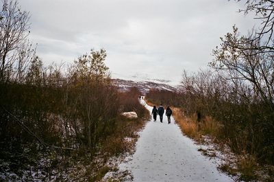 Rear view of man walking on footpath by road against sky