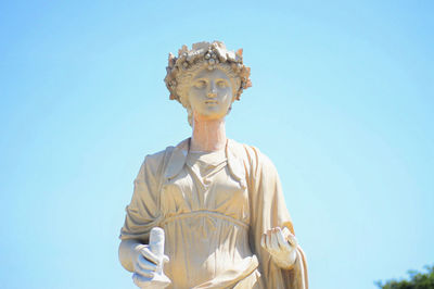 Low angle view of statue against clear blue sky