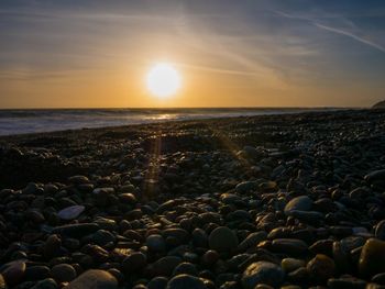 Close-up of pebbles at beach against sky during sunset