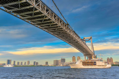 Bridge over river by buildings against sky