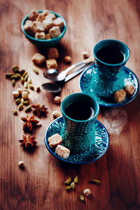 High angle view of coffee on table