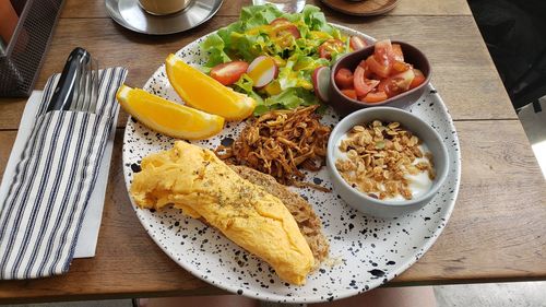 High angle view of breakfast on table